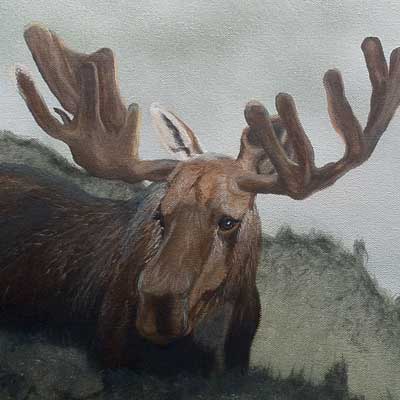 A spray paint and acrylic painting of a moose
